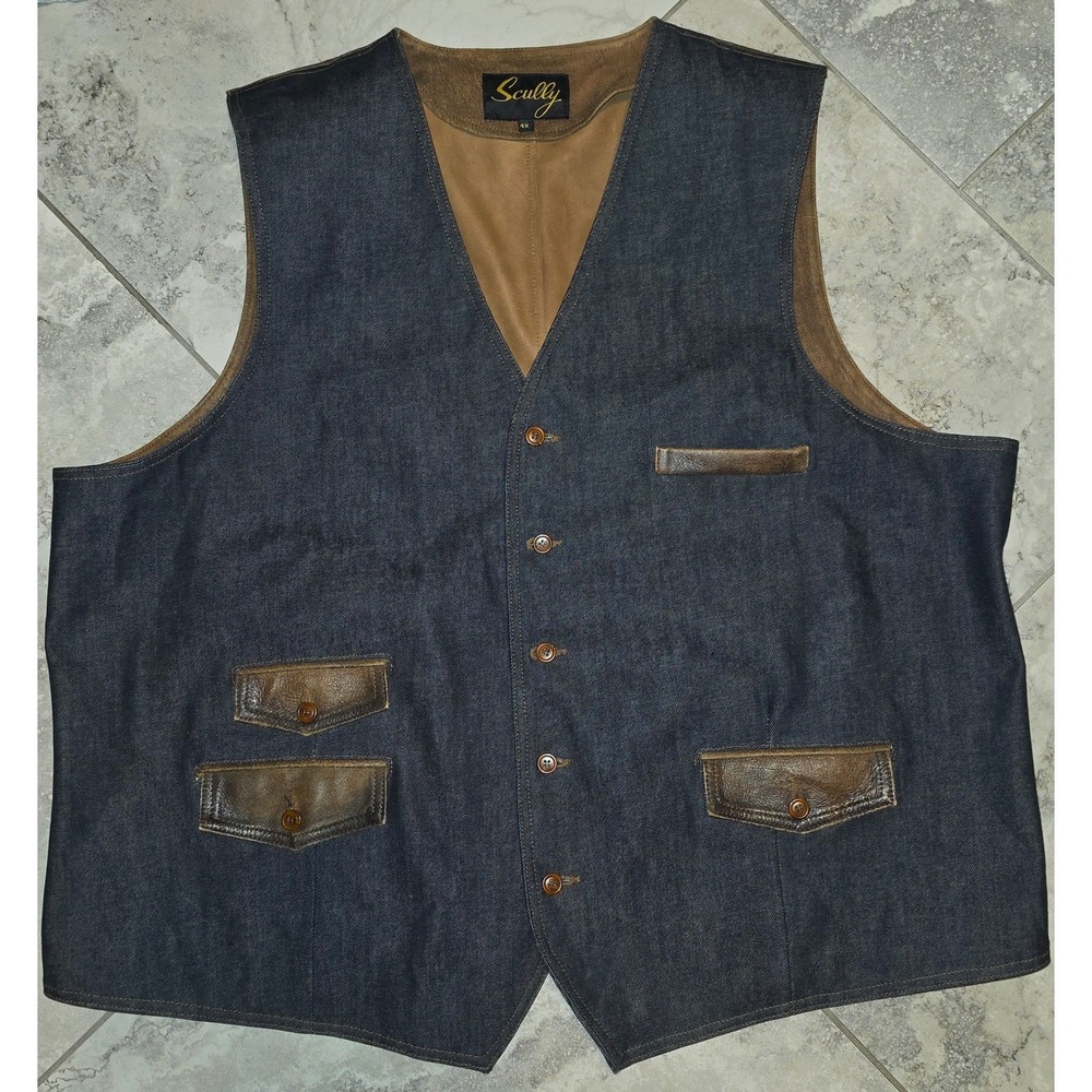 Scully Mens 4X Denim and Leather Western Vest Blue Brown Button Front Distressed